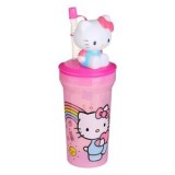 Pahar Plastic Roz cu Pai și Design 3D Hello Kitty 400ml, CMCLASS