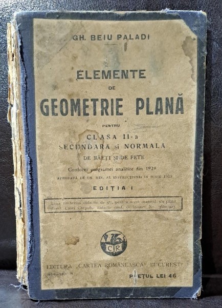Gh. Beiu Paladi - Elemente de geometrie plana pentru clasa II-a secundara si normala de baieti si fete Editia I 1929