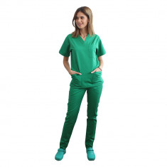 Costum medical verde iarba, bluza cu anchior in V, trei buzunare si pantaloni cu elastic M INTL foto