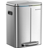 SONGMICS Cos de gunoi dublu colectare selectiva 2x20L, cu pedale si capac soft close, galeata interioara, otel, 45x58x32 cm, argintiu Household NewTre