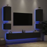 Comode TV de perete cu lumini LED, 6 piese, negru