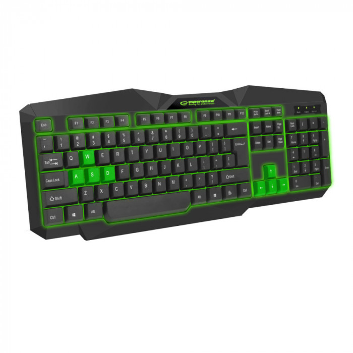 Tastatura Gaming USB, Esperanza Tirionos, iluminata LED verde, 104 taste, neagra