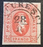 Rom&acirc;nia 1865 &ndash; Alexandru Ioan Cuza &ndash; 20 Parale roșu, ștampilat (Nedintelat) -RO2