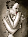 B&eacute;same Mucho - Portret erotic feminin pop art, grafica in carbune si pastel cu lac protector, arta erotica 27 x 35 cm, certificat de autenticitate