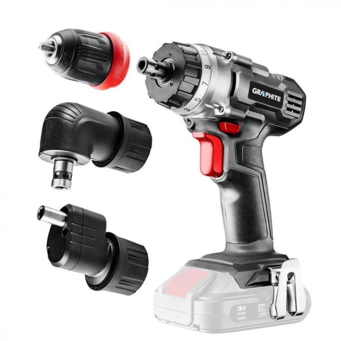 Masina de gaurit/insurubat , Energy+ 18V, Li-Ion, suport detasabil de 10 mm, plus adaptor unghiular si adaptor de colt, fara acumulator 58G022-AD