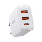 Incarcator Retea Quick Charge Baseus Compact 30W, 2 x USB 5V/3A, 1 x USB Type-C 5V/3A, Alb