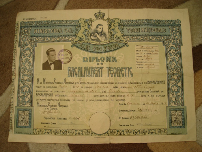 Diploma de bacalaureat teoretic, 1945