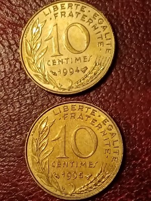 Lot 2 monede Franta: 10 centimes 1994 + 1995, stare UNC + Luciu [poze]. Discount conform descriere [10 - 20 %. Vezi descrierea.]. foto