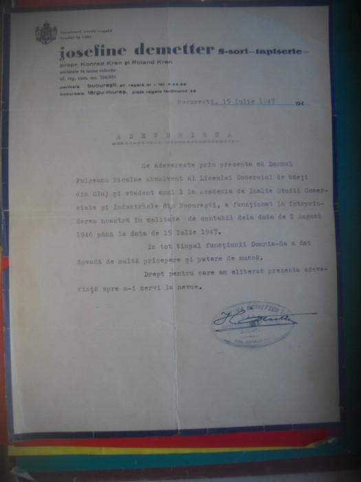 HOPCT DOCUMENT VECHI NR 292 FURNIZORII CURTII REGALE JOSEFINE DEMETTER 1947