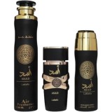 Lattafa Asad, Set Cadou Edp 100 ml, Spray de Corp 200 ml, Odorizant de Camera 300 ml