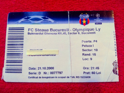 Bilet meci fotbal STEAUA BUCURESTI - OLYMPIQUE LYON (21.10.2008) foto