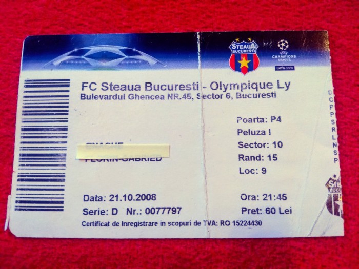 Bilet meci fotbal STEAUA BUCURESTI - OLYMPIQUE LYON (21.10.2008)