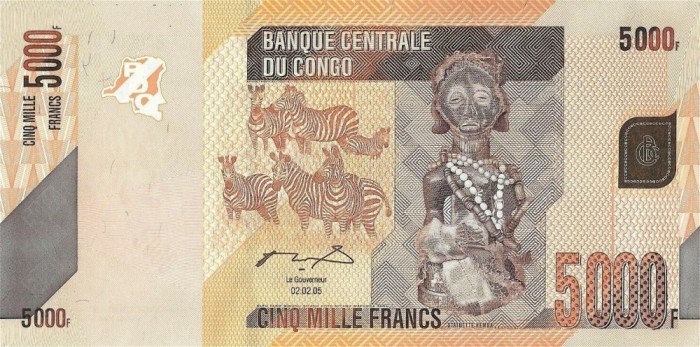 CONGO █ bancnota █ 5000 Francs █ 2005 █ P-102a █ FĂRĂ NUMERE DE SERIE ! █ UNC █