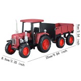 Macheta Tractor rosu cu remorca metalica Die-Cast, capota mobila scara 1/24
