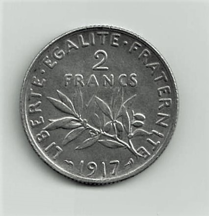 FRANTA 2 FRANCI FRANCS 1917 ARGINT STARE EXCELENTA