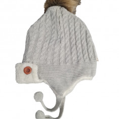 Caciula imblanita tricotata cu pompom, Gri, 0-12 luni