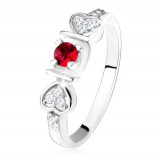 Inel lucios - argint 925, zirconiu rotund roz &icirc;nchis &icirc;ntr-o ad&acirc;ncitură, inimi, ştrasuri transparente - Marime inel: 55