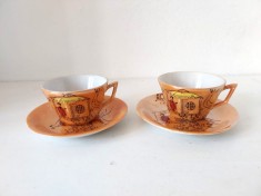 Lot 2 cesti cafea portelan motiv japonez cu gheisa, casa si flori octogonala