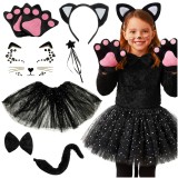 Costum de pisica negru 7 piese copii Kruzzel, varsta 3-10 ani, set complet petrecere carnaval