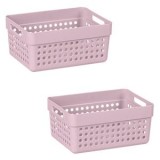 Set Coșuri de Depozitare din Plastic, Perforate, cu M&acirc;nere, 1,25 L, 2 buc, Roz, CMCLASS