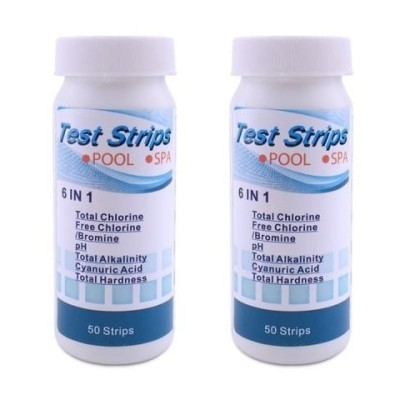 Set de 100 de benzi pentru testarea apei, efectueaza 6 teste simultan, duritate, acid cianuric, alcalinitate, PH, clor liber, clor total foto