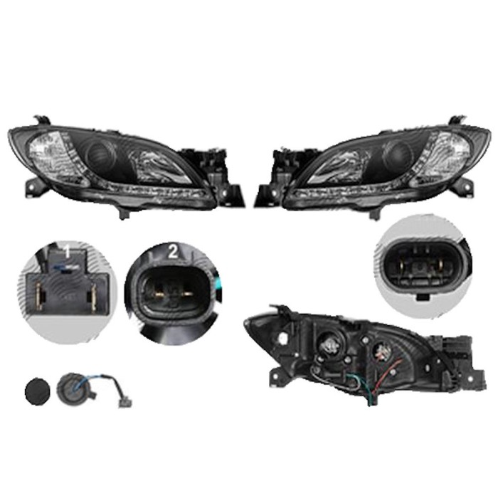 Set faruri Mazda 3 (Bk), 10.2003-07.2009, partea Stanga+Dreapta, Tuning, Fata, cu lentile; cu lumina timp de zi tip LED; H1+H7+LED; manual/electric;