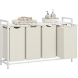 VASAGLE Cos rufe 4x40L, saci detasabili, raft superior si cadru metalic, 116x33x72 cm, alb si crem