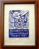 T.034 TABLOU XILOGRAVURA TEMA RELIGIOASA SEMNAT FRANZ WEISS ALBASTRU, Religie, Cerneala, Altul