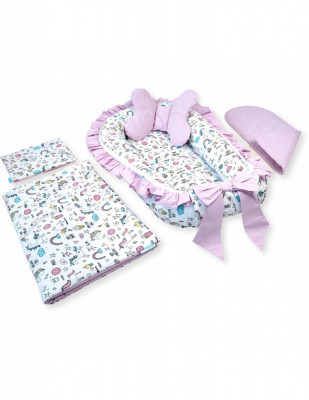 Set 5 piese Baby Nest Premium din Bumbac, unicorn cu roz deschis foto