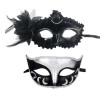 Set 2 Masti de Cuplu, Cyrax, pentru Carnaval, Bal Mascat, Marime Universala, Model Floare Laterala si Margele, Model Clasic Fluture, Negru Argintiu