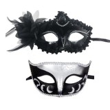 Set 2 Masti de Cuplu, Cyrax, pentru Carnaval, Bal Mascat, Marime Universala, Model Floare Laterala si Margele, Model Clasic Fluture, Negru Argintiu