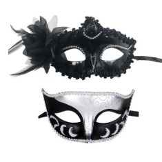 Set 2 Masti de Cuplu, Cyrax, pentru Carnaval, Bal Mascat, Marime Universala, Model Floare Laterala si Margele, Model Clasic Fluture, Negru Argintiu