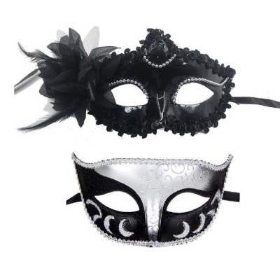 Set 2 Masti de Cuplu, Cyrax, pentru Carnaval, Bal Mascat, Marime Universala, Model Floare Laterala si Margele, Model Clasic Fluture, Negru Argintiu foto