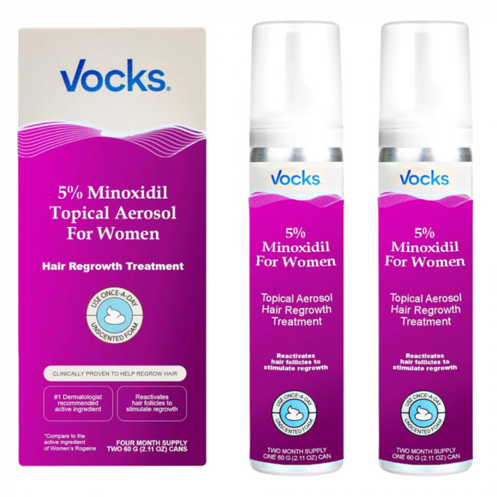 Set Spuma pentru Par, Vocks, Minoxidil 5%, Sustine Cresterea si Regenerarea Parului, pentru Femei, f