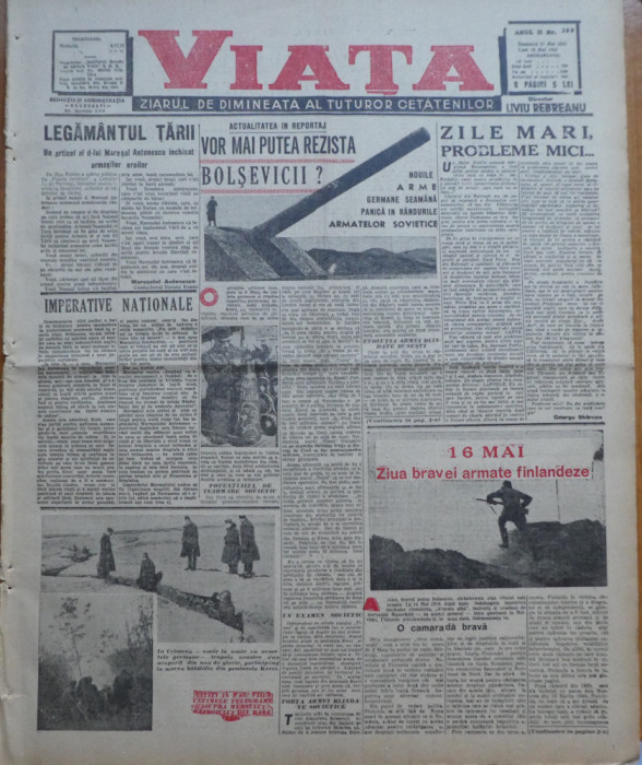 Viata, ziarul de dimineata; director: Rebreanu, 17 Mai 1942, frontul din rasarit