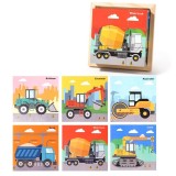 Puzzle din Lemn, Flippy, 9 Cuburi, 6 Fete, 4-6 Ani, 11 x 11 x 3.2 cm, Model Utilaje, Multicolor