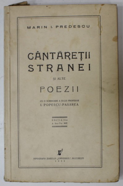 CANTARETII STRANEI SI ALTE POEZII de MARIN I. PREDESCU , 1935