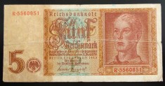 Bancnota 5 REICHSMARK - GERMANIA NAZISTA, anul 1942 * cod 43 = STUDENTUL