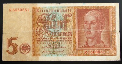 Bancnota 5 REICHSMARK - GERMANIA NAZISTA, anul 1942 * cod 43 = STUDENTUL foto