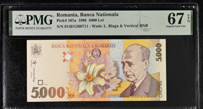 5.000 lei 1998 gradata PMG 67 EPQ Superb Gem Unc BNR Vertical foto