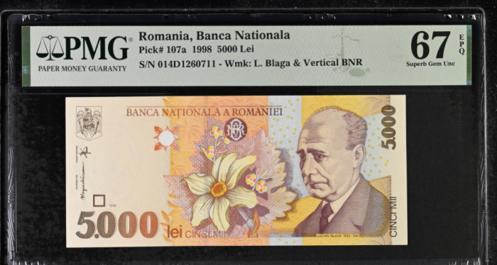 5.000 lei 1998 gradata PMG 67 EPQ Superb Gem Unc BNR Vertical