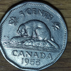 Canada -moneda de colectie- 5 cents 1955 -Elisabeta- prim an de batere, mai rar