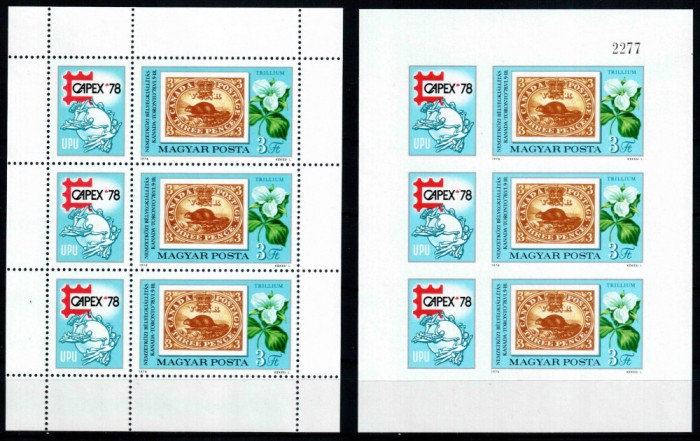 Ungaria 1978, Mi #3293 A+B Klb, dant + ned, CAPEX&#039;78, fauna, flora, castor, MNH. Cota 40 &euro;!
