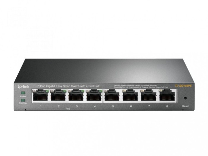 Switch inteligent cu 8 porturi Gigabit si 4 porturi PoE+ TP-LINK TL-SG108PE SafetyGuard Surveillance
