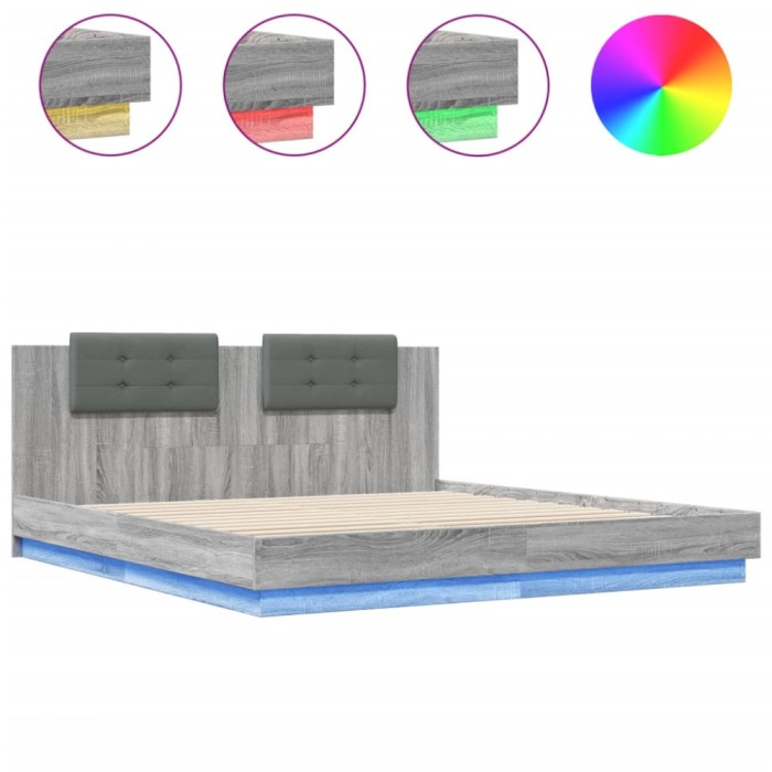 Cadru de pat cu tablie si lumini LED, gri sonoma, 160x200 cm