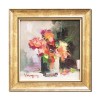Tablou cu rama pictat manual, Aranjament floral stilizat, 25x25cm ulei pe panza in cutit efect 3D, Geo Ungureanu