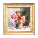 Cumpara ieftin Tablou cu rama pictat manual, Aranjament floral stilizat, 25x25cm ulei pe panza in cutit efect 3D, Geo Ungureanu