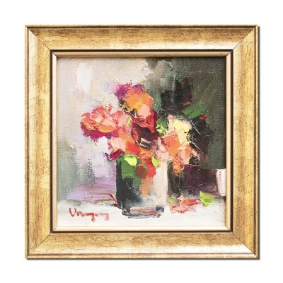 Tablou cu rama pictat manual, Aranjament floral stilizat, 25x25cm ulei pe panza in cutit efect 3D, Geo Ungureanu foto