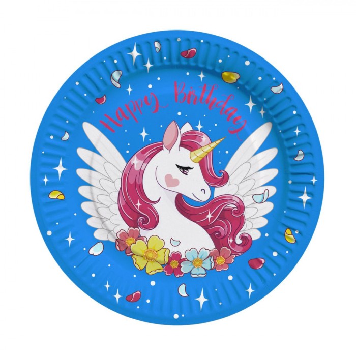 Farfurii Carton Unicorn, Set 10 Bucăți, Diametru 23cm, Multicolor, Happy Birthday