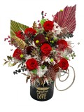 Aranjament floral cu trandafiri criogenati si plante criogenate si naturale uscate predominant rosu, Eventissimi&reg;